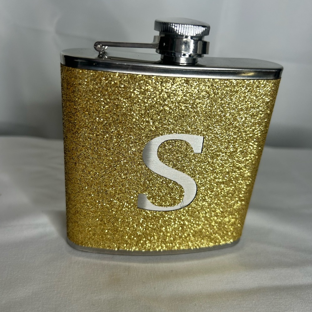 Gold Glitter S Monogram Flask